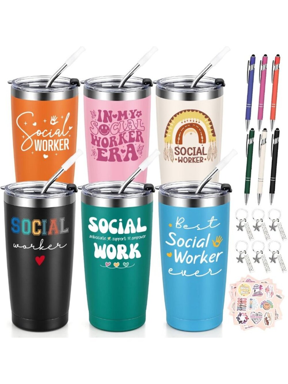 19Pcs Social Worker Appreciation Gift Set - Insulated Tumblers, Keychains & Pens
